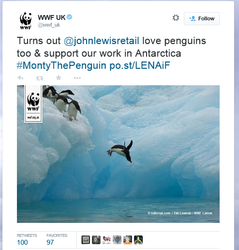 Tweet: Turns out @johnlewisretail love penguins too & support our work in Antarctica #MontyThePenguin http://po.st/LENAiF  