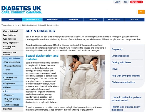 Diabetes UK: sex and relationships page using a stock image of a couple in bed
