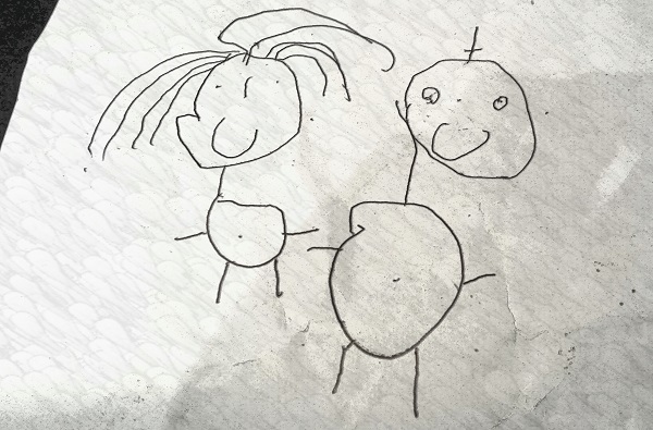 Kid's drawing - two smiling people holding hands