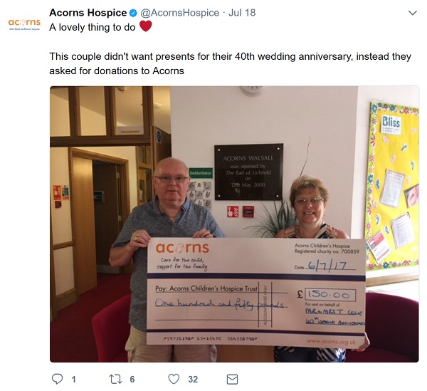 Acorns - cheque for £150 from donations to mark a couple's 40th wedding anniversary