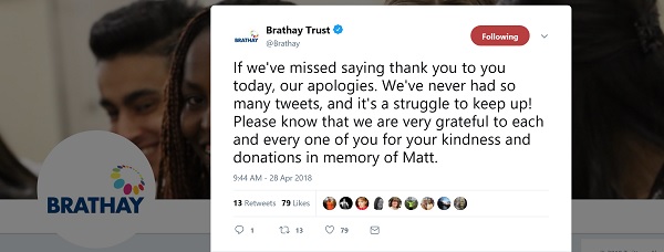 Brathay tweet - if we have missed saying thank you to you, our apologies. We've never had so many tweets. Please know we are grateful to each and every one of you