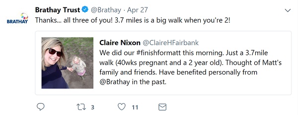 Tweet thanking supporter for walking the 3.7 for Matt