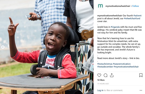screenshot of instagram calendar from Motivation showing young boy smiling in his wheelchair