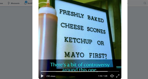 screenshot from National Trust video - 'freshly baked cheese scones. Ketchup or Mayo first?'
