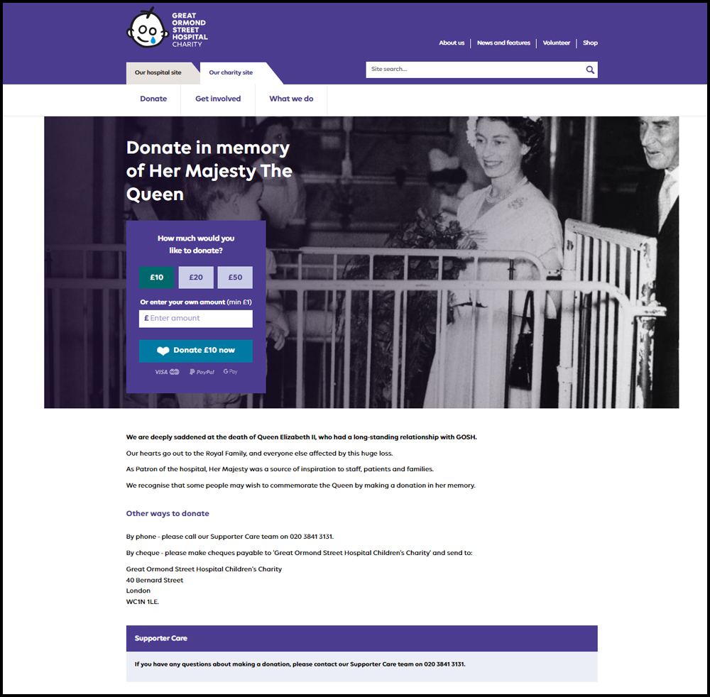 Screenshot from GOSH's donation page. Uses black and white image of the Queen when she was younger, visiting the hospital. 