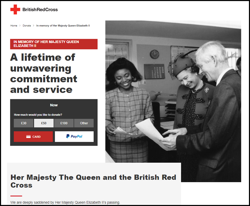 Screenshot of Red Cross' donation page. Text says - a lifetime of unwavering commitment and service. Shows a black and white photograph of two people in the Red Cross office, looking at papers, smiling with the Queen.
