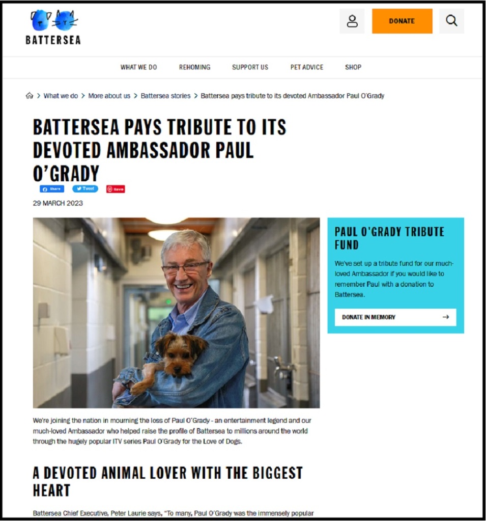 screenshot of Battersea's tribute page, with full statement and link to donate in memory.